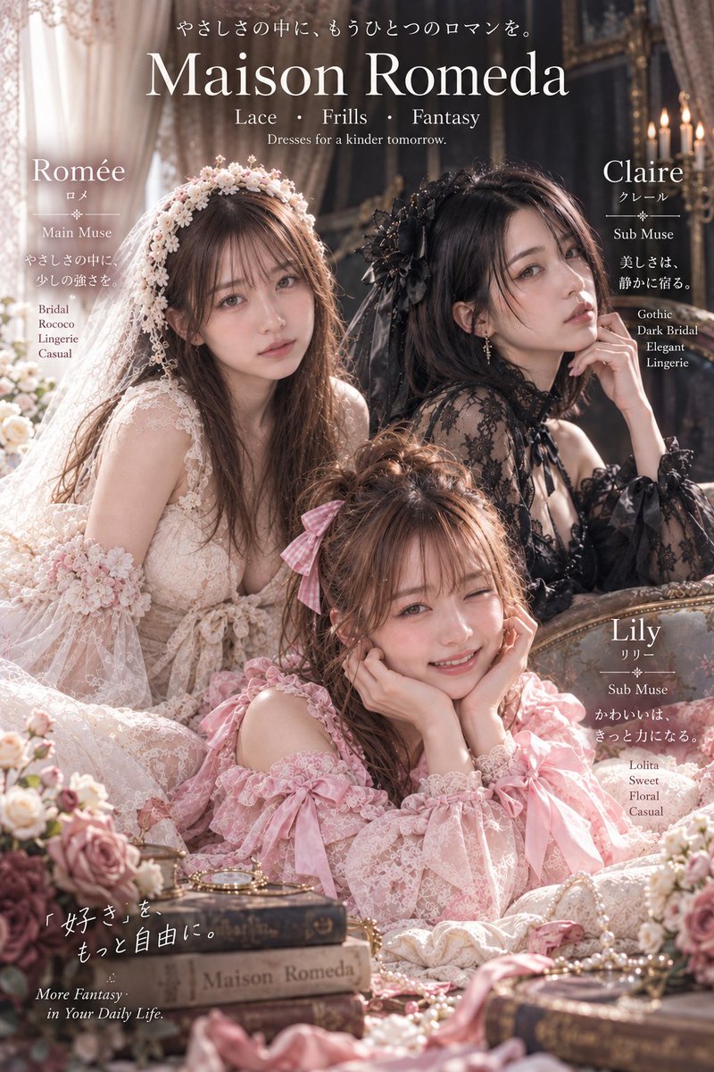 undeuxromeda's tweet photo. 少しだけ、新しいスタートです。🎀

これまで色々なAIポートレートを作ってきましたが、
これからは元々好きだったゴシック、ロリータ、ブライダル、ロココなど、
レースとフリルの世界を中心に作っていこうと思います。
これからもよろしくお願いします。
Welcome to Maison Romeda. 🎀 https://t.co/3FACvqDL6w