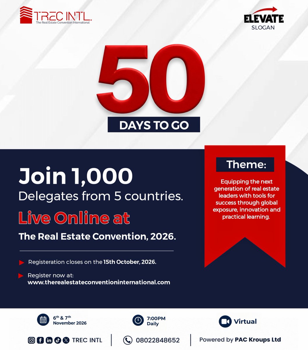RealThe41077's tweet photo. The countdown has officially begun! ⏳

Are you ready to ELEVATE your real estate Journey?

Don’t just hear about it, be part of it! 

Register now and secure your spot.

#Elevate 
#TRECINTL
#RealestateeventinAfrica
#Therealestateconvention2026 https://t.co/UXrb2UrKX0