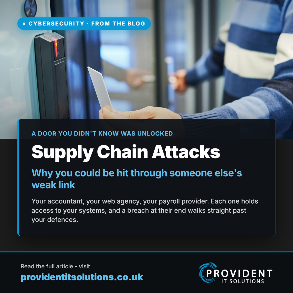 ProvidentITS's tweet photo. Your defences can be perfect and you can still get breached - through a supplier 😬

Attackers are targeting the vendors with access to your systems, not just you.

Here's what supply chain attacks look like for SMEs, and how to close the gap 👇

https://t.co/vaRgVKCANE https://t.co/3bw7Rx29Em