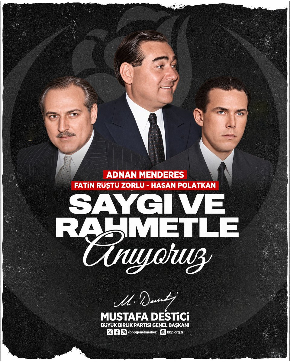 Mustafa_Destici's tweet photo. Millet iradesini hedef alan 27 Mayıs darbesinin ardından 17 Eylül 1961’de hukuk ve adalet ilkeleri hiçe sayılarak idam edilerek öldürülen merhum Başbakanımız Adnan Menderes ile merhum Bakanlarımız Hasan Polatkan ve Fatin Rüştü Zorlu’yu vefatlarının 65. yıl dönümünde rahmet ve saygıyla yâd ediyorum.

Merhum Menderes ve yol arkadaşları, demokrasi tarihimize silinmez izler bırakan; milletin iradesini siyasetin merkezine taşıyan bir anlayışın temsilcileriydi. Maruz kaldıkları darbe ve idamlar, milletimizin hafızasında derin bir acı olarak yerini korumaktadır.

Onların hatırasını yaşatmak; sivil anayasayı, millî iradeyi, demokratik hukuk devletini ve vesayetten uzak bir yönetim anlayışını kararlılıkla savunmaktan geçmektedir.