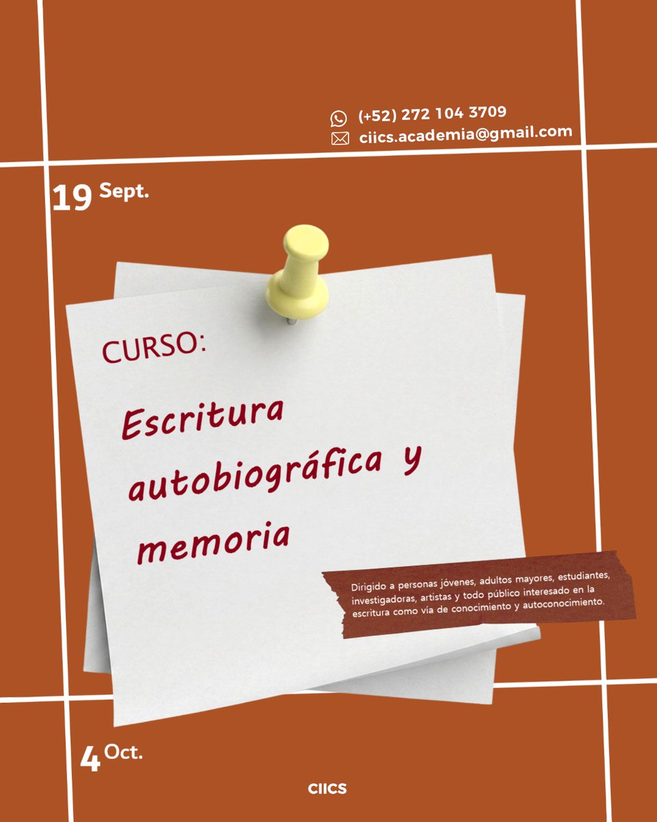CIICS_AC's tweet photo. Curso en línea: "Escritura autobiográfica y memoria", con la Mtra. Michelle Laurent Gutiérrez.
Fechas: 19, 20, 26 y 27 de septiembre; 3 y 4 de octubre, de 12 a 14 h Mx.
Aportaciones:
$1000 pesos mexicanos hasta un día antes del inicio (18 de sept.)
WhatsApp: (52) 2721043709 https://t.co/g1YUQ2M7IZ