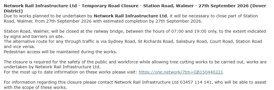 KentHighways's tweet photo. Walmer, Station Road: Closed for 1 day on 27th September to allow for works by @NetworkRailSE : https://t.co/aYh2Jy7gDm https://t.co/uydOvExejr