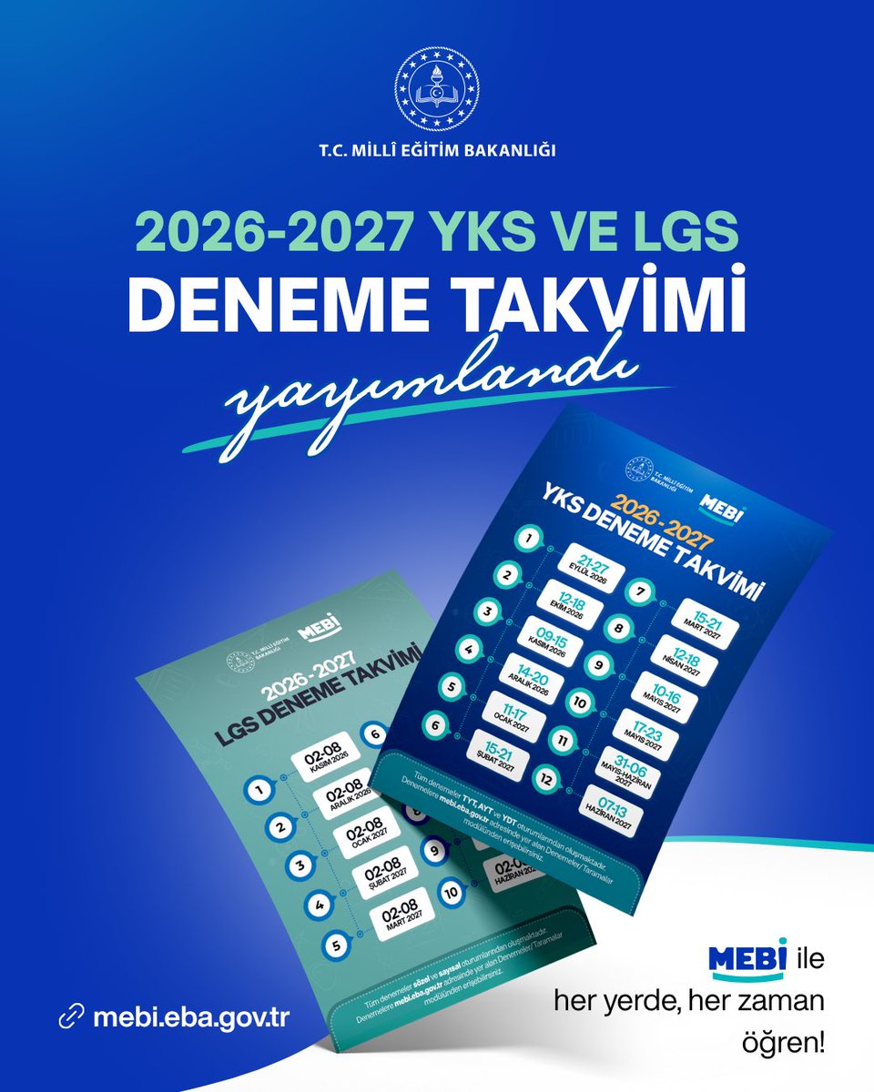 meb_mebi's tweet photo. 2026-2027 YKS ve LGS Deneme Takvimi yayınlandı!

Hazırlık sürecini şimdiden planla, 
deneme tarihlerini takvimine ekle.🌟

📌 12 YKS denemesi
📌 10 LGS denemesi

Tüm denemeler MEBİ’de ücretsiz olarak seni bekliyor. 💙 https://t.co/MMvdKpP9vO