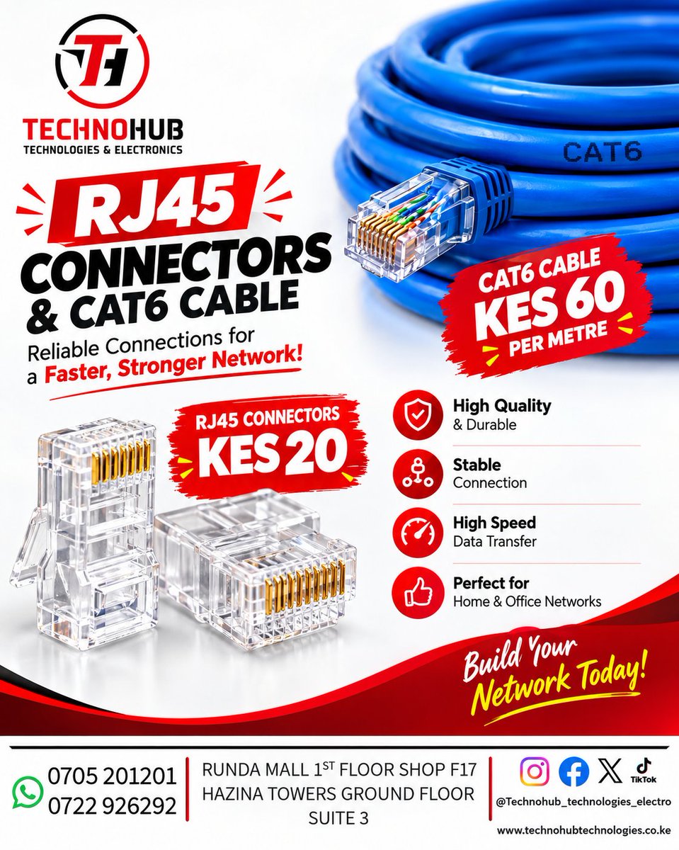technohubtech's tweet photo. 🔌 Upgrade your network with quality RJ45 connectors @ KES 20 and CAT6 cable @ KES 60 per metre.
Reliable connections. Better performance. ⚡
📍 Technohub Technologies
#rj45 #networking https://t.co/OqnOXPBJqx