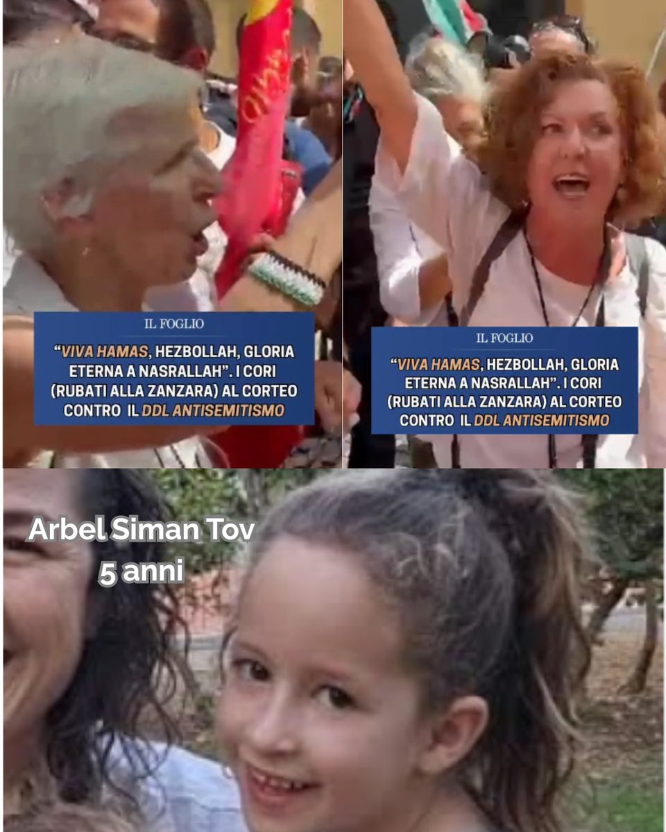 Free4futur99001's tweet photo. Giorno 8. Una al giorno. Tutti i giorni. Finché non saltano fuori i nomi. La bimba della foto è Arbel Siman Tov, 5 anni e mezzo.
La mattina del 7 ottobre 2023, all’inizio dell’attacco di Hamas, la famiglia si rifugiò nella stanza sicura della casa. Tamar scrisse al gruppo WhatsApp delle madri del kibbutz per chiedere se tutti stessero bene; più tardi comunicò di essere ferita. Johnny mandò un messaggio alla sorella: «Sono qui, ci stanno bruciando, stiamo soffocando». I terroristi di Hamas avevano dato fuoco alla casa. Secondo i resoconti dei familiari, i genitori furono colpiti attraverso la finestra; la famiglia rimase insieme nella stanza piena di fumo. Tutti e cinque — Johnny, Tamar, Shahar, Arbel e Omer — furono uccisi. Anche la nonna paterna, Carol Siman Tov, fu assassinata nella propria casa nello stesso kibbutz
Una intera famiglia trucidata dai terroristi sterminazionisti di Hamas.  Gli stessi terroristi ai quali inneggiano le donne di questo video.  E non sappiamo ancora chi sono. Sappiamo cosa urlano invece: appoggio e sostegno ai terroristi sterminazionisti di Hamas.  
Vogliamo sapere chi sono queste che in una piazza italiana, davanti al nostro Parlamento, cantano il loro appoggio ai terroristi bestiali, e non vogliono che sia approvata in Parlamento la legge contro l'antisemitismo. Si capisce perché: inneggiano ai terroristi sterminazionisti di Hamas e Hezbollah chiamandoli "resistenza" (lo dice la donna nel video) @Piantedosim saremmo già stanchi di aspettare: chi sono queste due donne che inneggiano a terroristi stupratori assassini sterminazionisti e protestano contro la legge contro l'antisemitismo?
@repubblica @LaStampa @Avvenire_Nei 
@Corriere 
voi, sempre così solerti, nemmeno voi sapete chi sono?