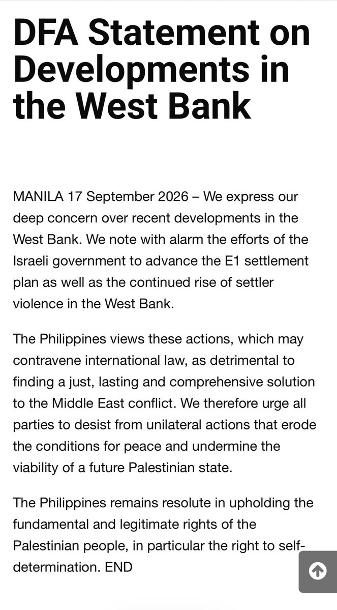 ABSCBNNews's tweet photo. READ: The Department of Foreign Affairs voiced deep concern over Israel’s E1 settlement plan and rising settler violence in the West Bank, warning these may contravene international law and undermine a future Palestinian state. It reaffirmed Philippine support for the Palestinian right to self-determination. | via @zenhernandez