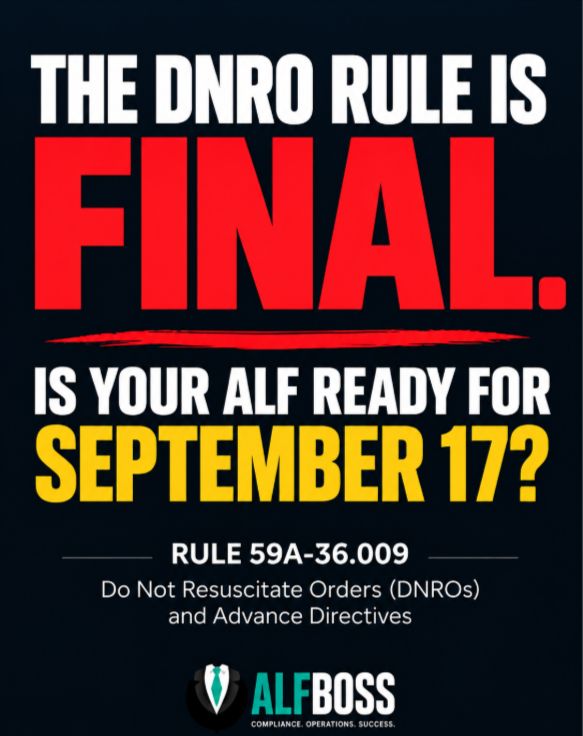 ALFBoss_'s tweet photo. THE DNRO RULE IS FINAL. IS YOUR ALF READY FOR SEPTEMBER 17?
AHCA’s Amendment to Rule 59A-36.009 Takes Effect September 17, 2026
Learn more: https://t.co/jcDsP00LTg
#ALFBoss #AssistedLiving #FloridaALF #ALFCompliance #AHCA #DNRO #DNRORule #FloridaHealthcare #SeniorLiving https://t.co/71e2eJ0eSK