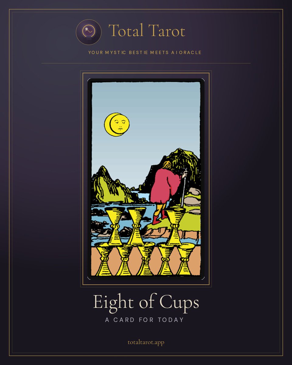 totaltarotapp's tweet photo. Eight of Cups. The figure doesn't storm off. Walks away slowly, at night, having stacked what was left behind neatly. That's the part worth sitting with. https://t.co/Z2Q4vupt15
