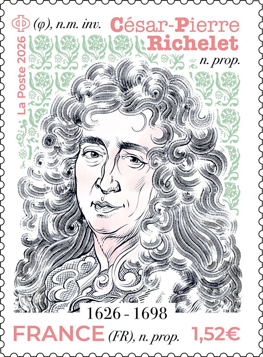 toutsurletimbre's tweet photo. 🆕Le 9 novembre 2026, La Poste émet un #timbre à l’effigie de César-Pierre Richelet, figure fondatrice de la #lexicographie moderne, à l’occasion des 400 ans de sa naissance.
Les motifs verts en arrière plan sur le timbre et les contours de feuille sont imprimés en vert pailleté. https://t.co/zrINvGJSob