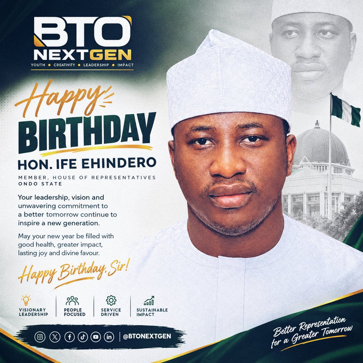 BTONEXTGEN's tweet photo. Happy Birthday to Hon. Ife Ehindero! 🎉 May this new year bring greater wisdom, strength, impact and fulfilment. From all of us at BTO NEXTGEN, we celebrate you, Sir. 🇳🇬
#BTONEXTGEN #IfeEhindero #HappyBirthday
#Bto #Btom #ondostate https://t.co/zsg9eAE4Hf