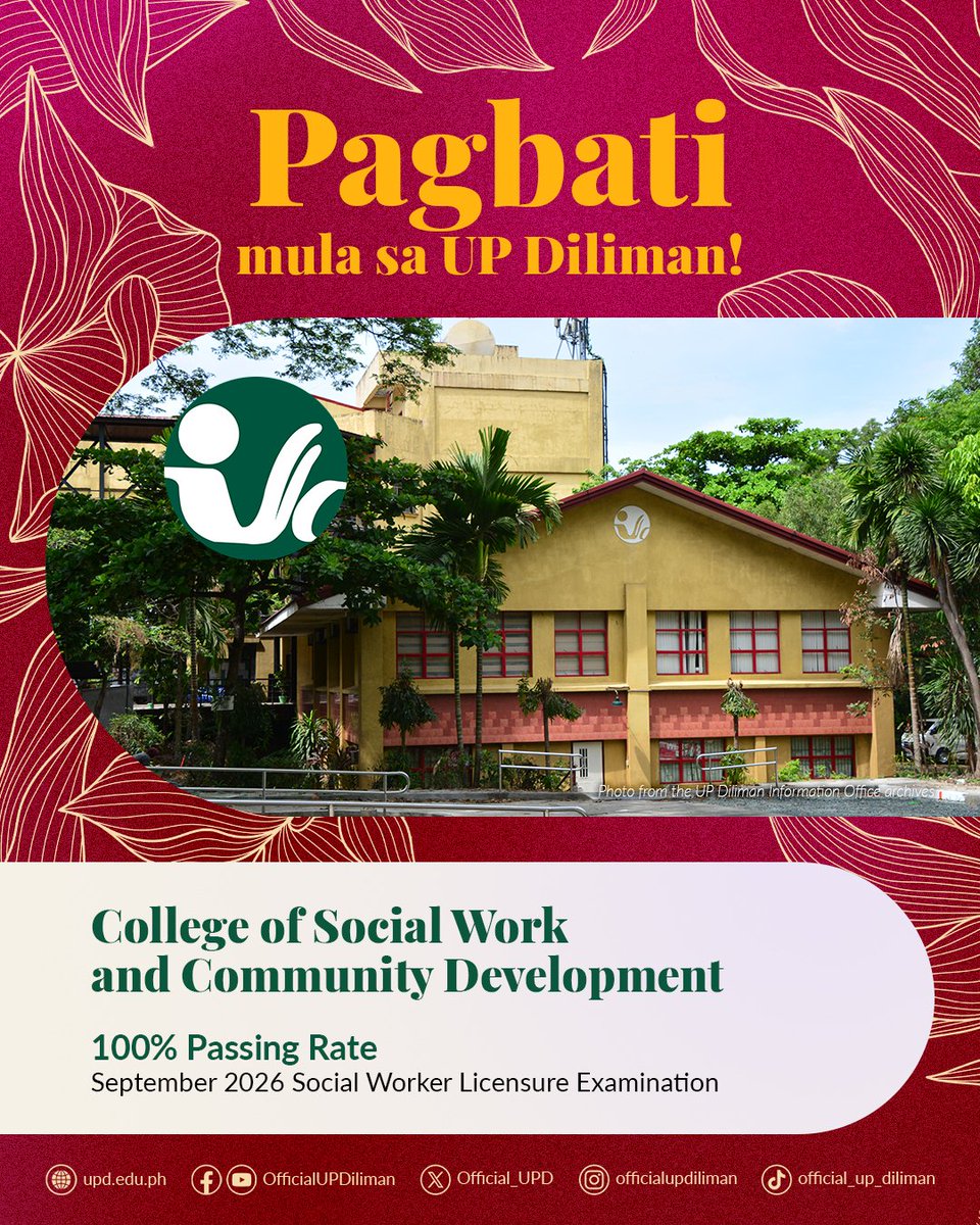 “UP Diliman secures a 100% passing rate as all of the 33 examinees from the College of Social Work and Community Development (CSWCD) succeeded in the September 2026 Social Worker Licensure Examination (SWLE).”
Read the article at https://upd.edu.ph/upd-gets-100-passing-rate-in-social-workers-licensure-exam/.