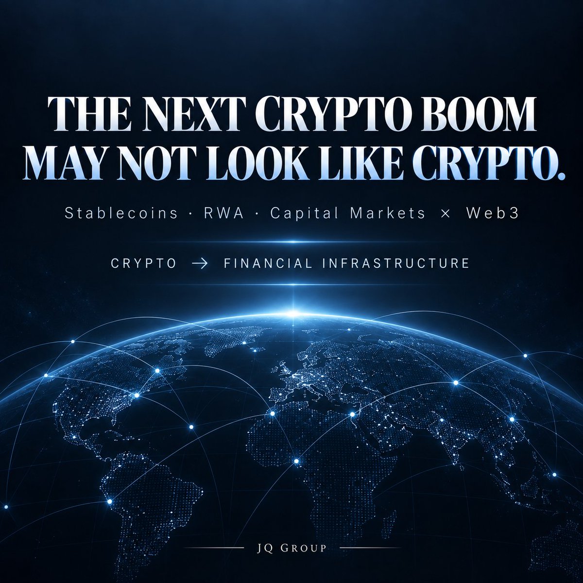 jqsecurities's tweet photo. The next crypto boom may not look like crypto.

It may look like stablecoins becoming payment rails, RWAs moving on-chain, and capital markets adopting programmable settlement.

At JQ, we track where digital assets meet real financial infrastructure — with data, not hype. https://t.co/998PWUPruG