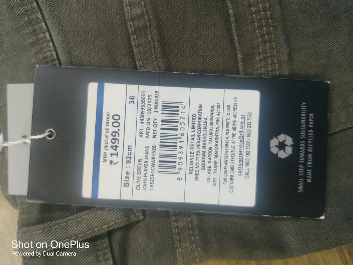 DeepakAggraval's tweet photo. Bought JohnPlayer jeans (Art No. 443093536005) - unused, tags on - and the fabric has faded badly on its own. Raised it with RIL customer care, got zero resolution in days. Poor quality + poor accountability. Think twice before buying. #BRICS_SUMMIT #BricksSummit https://t.co/4Zlm8mmbPu