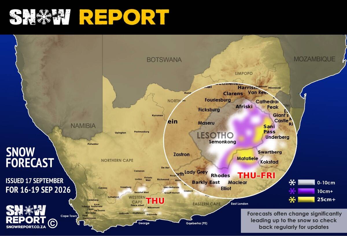 SnowReportSA's tweet photo. ❄️ SNOW UPDATE: Snow indicated for four SA provinces and Lesotho until the weekend, with heavy snow possible in places - more details at https://t.co/qs5oMScTA4 #snowreportsa #africansnow #weather https://t.co/lDy9pClVox