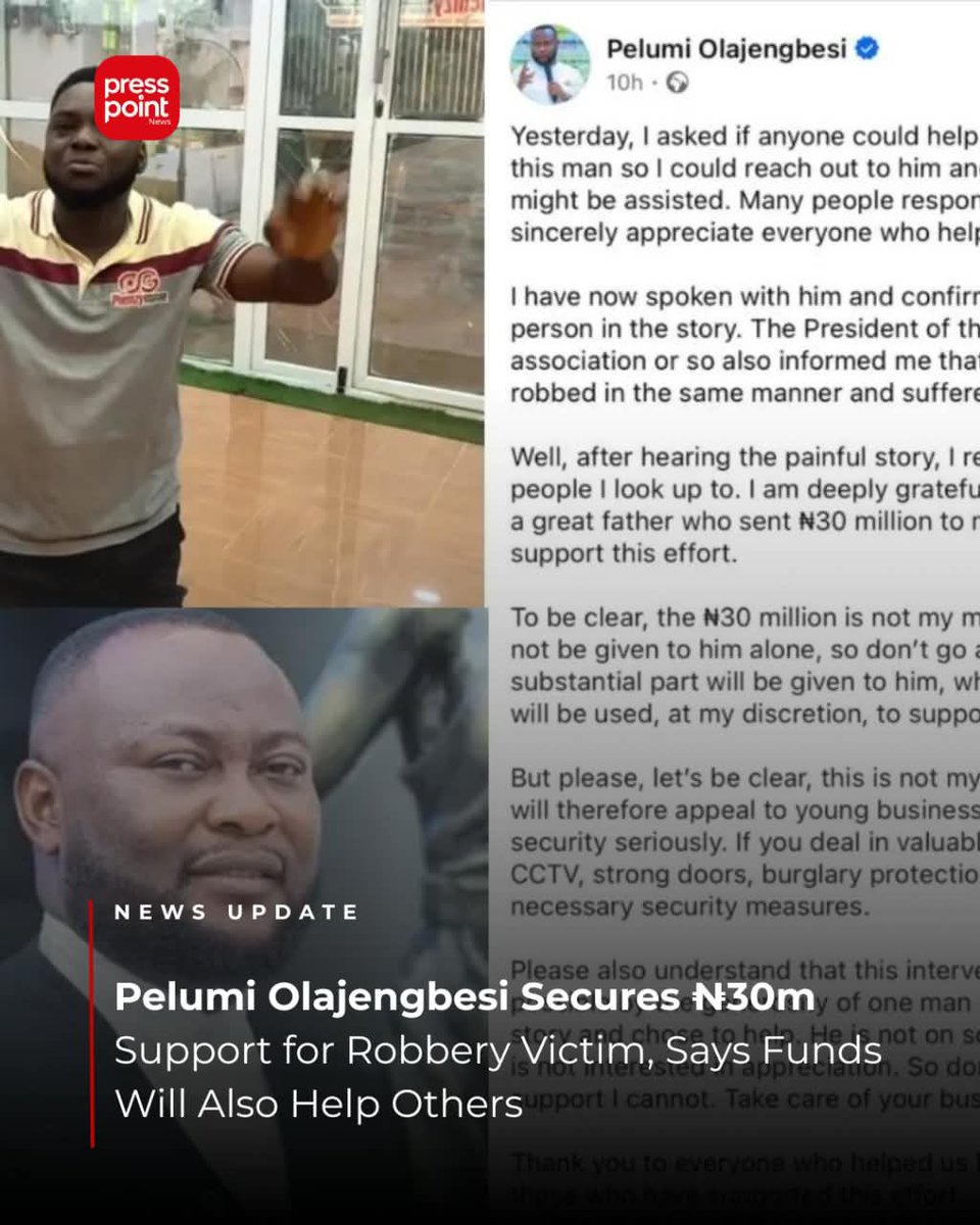 presspointnews's tweet photo. Accord Party candidate for Obokun/Oriade Reps, Pelumi Olajengbesi, secures ₦30m support for a robbery victim and reveals part of the funds will also help other affected business owners. 🤝

Read full details! 👇
#PelumiOlajengbesi #AccordParty #ObokunOriade #PressPoint https://t.co/4gyO8xe0vX