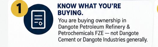 coachrolass's tweet photo. 1️⃣ Know what you're buying.

You are buying ownership in Dangote Petroleum Refinery &amp; Petrochemicals FZE not Dangote Cement or Dangote Industries generally. https://t.co/cq0NSy9eW5
