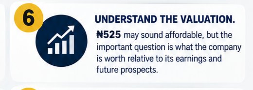 coachrolass's tweet photo. 6️⃣ Understand the valuation.

₦525 may sound affordable, but the important question is what the company is worth relative to its earnings and future prospects. https://t.co/rAS4vwQioI