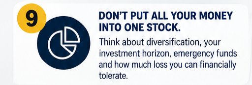 coachrolass's tweet photo. 9️⃣ Don't put all your money into one stock.

Think about diversification, your investment horizon, emergency funds and how much loss you can financially tolerate. https://t.co/GXLwZM2WGt