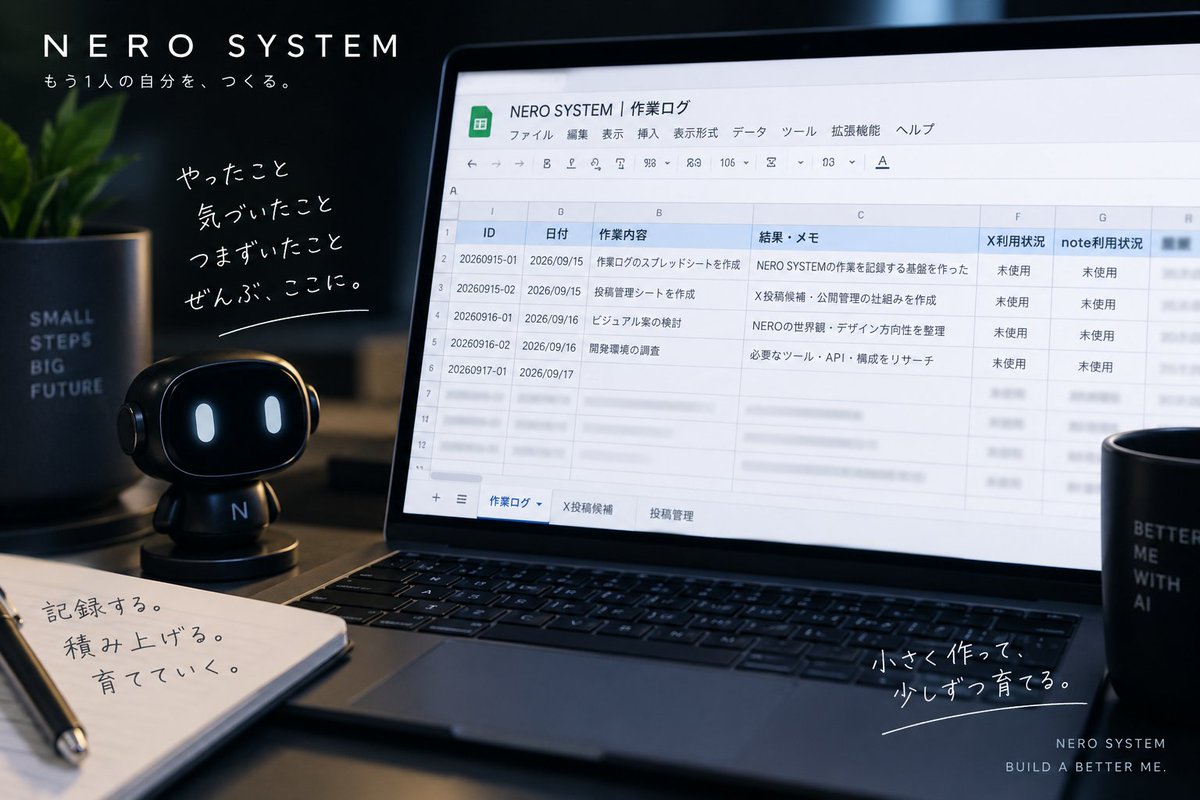 kuro_ailab's tweet photo. 🤖 NEROに「記憶」を持たせる準備を始めました。

まず作ったのは、かなり地味なGoogleスプレッドシート。

NERO SYSTEMでやったこと、結果、失敗や気づきをここに蓄積していきます。

AIを賢くする前に、まずは「何をやってきたか」を残せる場所から。

小さく作って、少しずつ育てます。🧪 https://t.co/WlsMYMZnuq