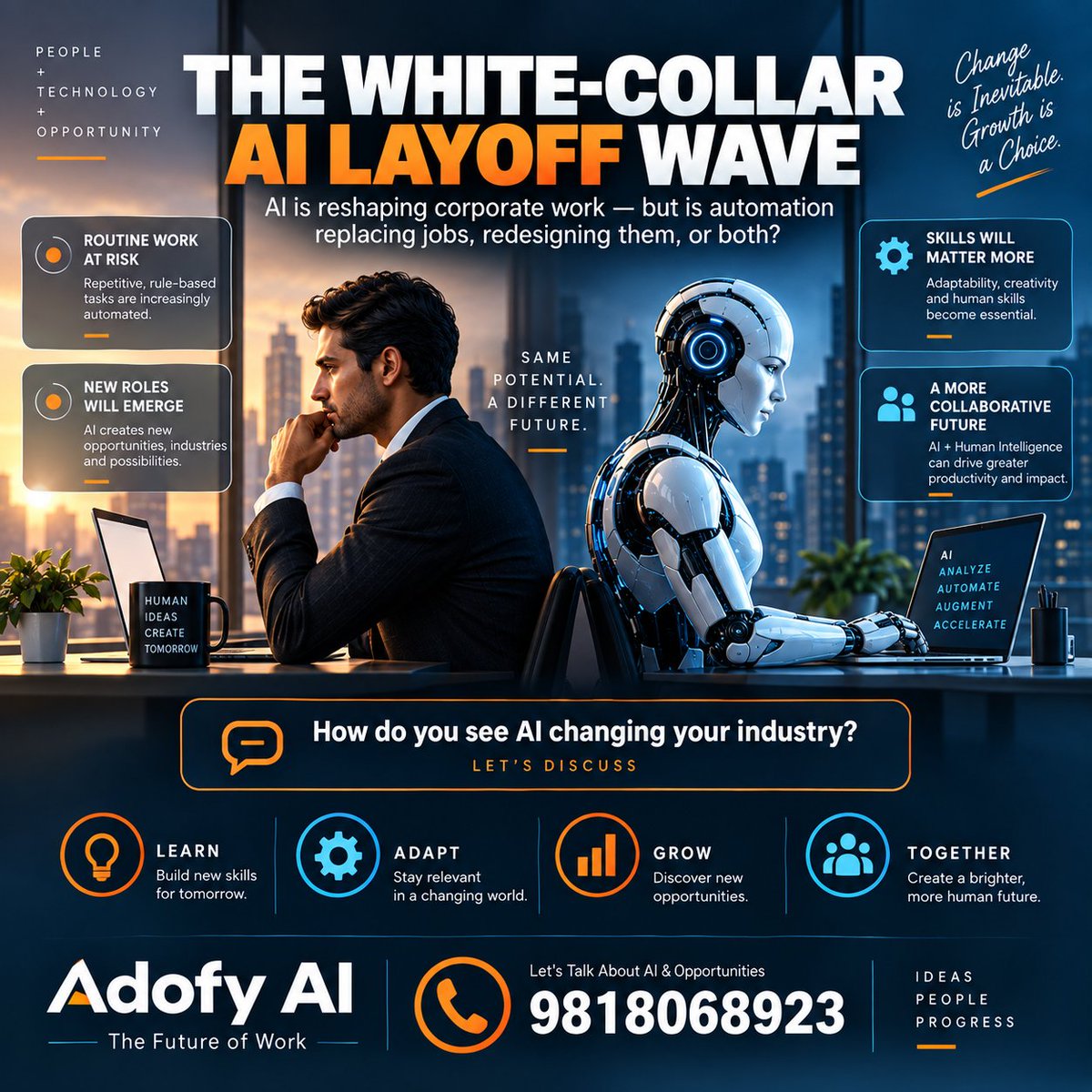sanjeevguptaai's tweet photo. The white-collar AI layoff wave is becoming a serious debate.

Companies are restructuring while investing heavily in AI and automation.

But “AI-linked” doesn't always mean “AI replaced the employee.”

The deeper shift may be:

Jobs → redesigned
Tasks → automated
Skills → upgraded
Teams → AI-augmented
The question is no longer only:
“Will AI replace my job?”
It is also:

“How valuable can I become when I know how to work with AI?”

Human vs. AI ❌
Human + AI 🤝

#AI #FutureOfWork #Automation #AdofyAI