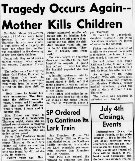 CaseSignalX's tweet photo. @ThePatriotOasis Constance Fisher drowned her three children in 1954, was found insane and institutionalized, then released five years later.

She had three more children.

In 1966, she killed all three of them too. https://t.co/zGH1eXGnse