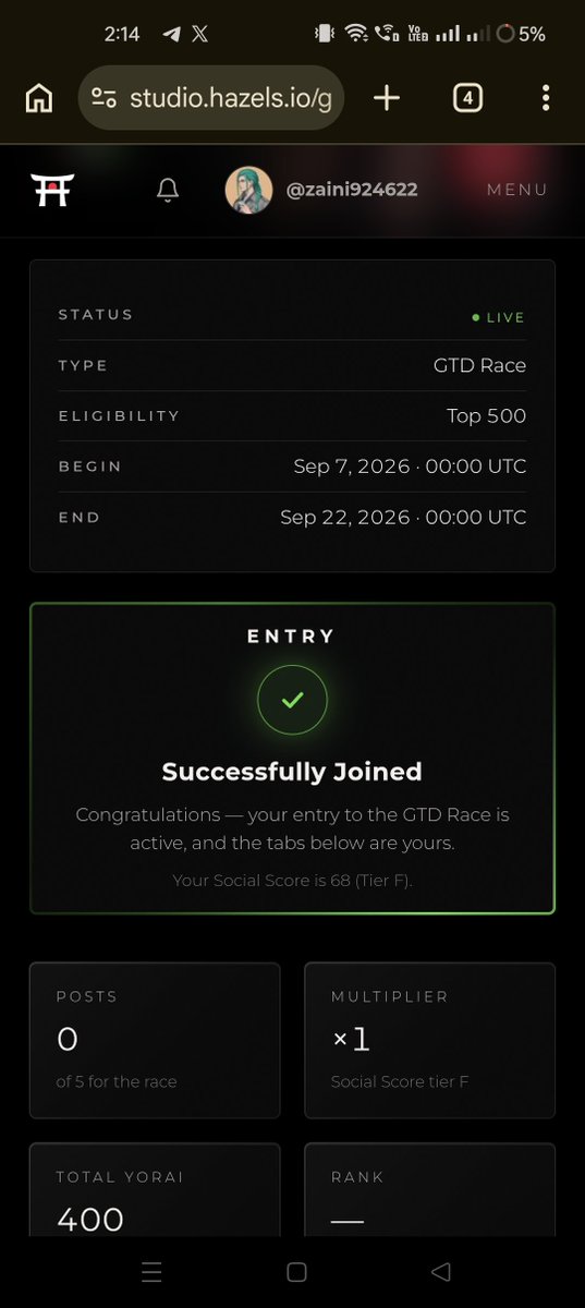 zaini924622's tweet photo. Successfully entered in the  @0xhazels gtd race

Let's grow https://t.co/uPyuNacsiI