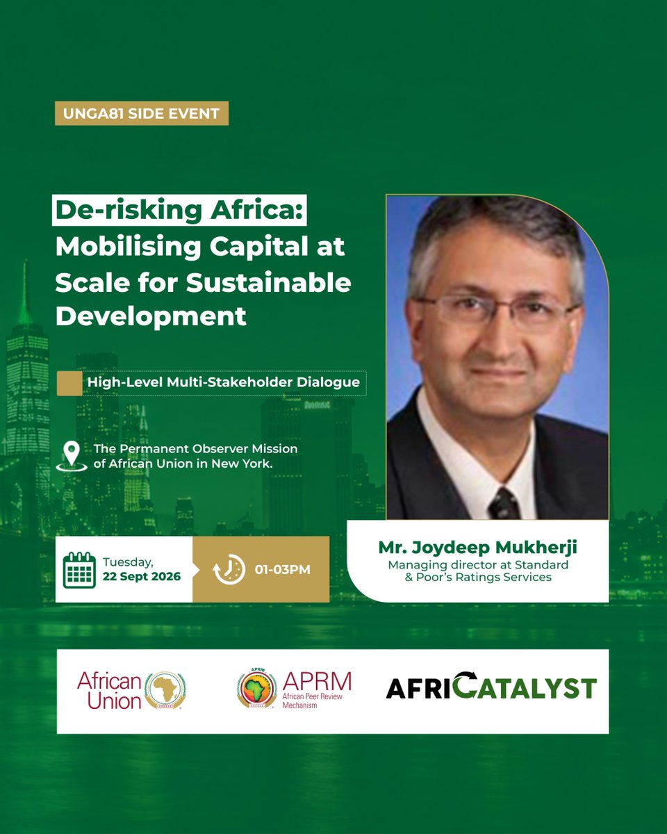 _Africatalyst's tweet photo. 🎙️ SPEAKER SPOTLIGHT | #UNGA81
Joydeep Mukherji, Managing Director &amp; Sector Lead, Sovereign Ratings, Americas, at @SPGlobalRatings.

Join us as he shares insights on sovereign risk, investor confidence and mobilising capital for Africa’s sustainable development.

#AfCRA https://t.co/qAvHBgT4cw
