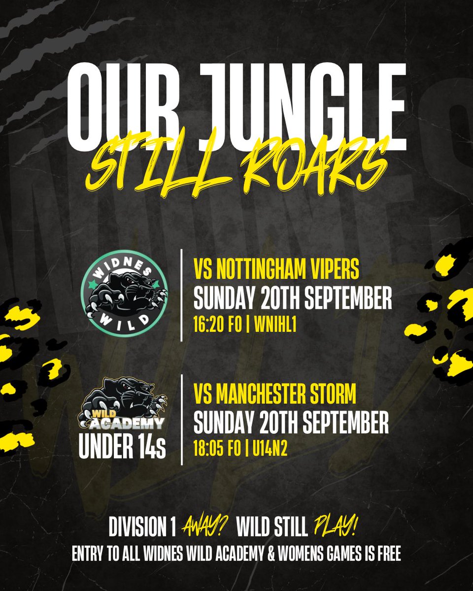 WidnesWild's tweet photo. 𝗧𝗛𝗘 𝗝𝗨𝗡𝗚𝗟𝗘 𝗦𝗧𝗜𝗟𝗟 𝗥𝗢𝗔𝗥𝗦! 🐾

While D1 and D2 are hitting the road this weekend, there’s still plenty of Wild hockey coming to the Jungle! 🙌

You can still get your hockey fix right here in the Jungle and both games are FREE to watch! 🤝

#LETSGOWILD #REWILDING https://t.co/ixKgARo0ww