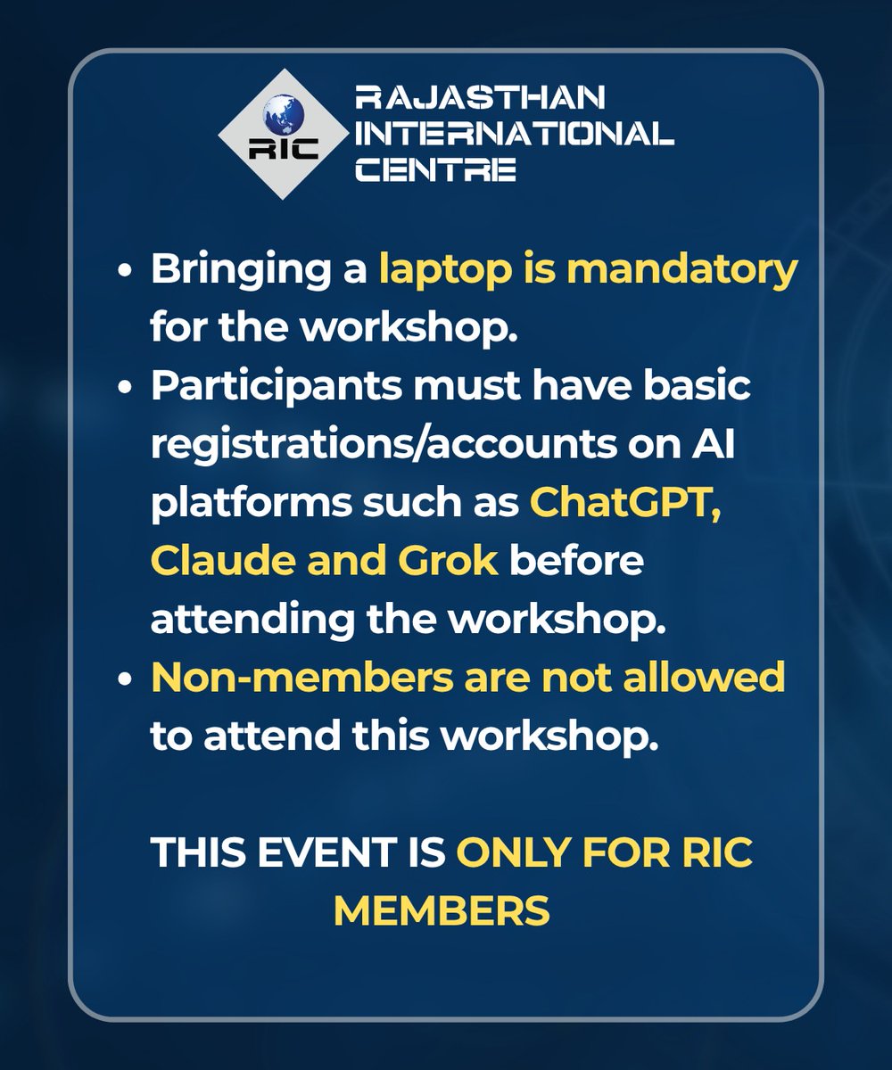 dataingenious's tweet photo. Rajasthan International Centre presents a hands-on Workshop on AI by Dr. Ajay Data, featuring “AI for Everyday Work and Life” from ChatGPT and Claude to Grok and Agentic AI.

📅 18TH &amp; 25TH September 2026
⏰ 5:30 PM – 8:00 PM
📍 Rajasthan International Centre, Jaipur https://t.co/jkEwfm8k0N