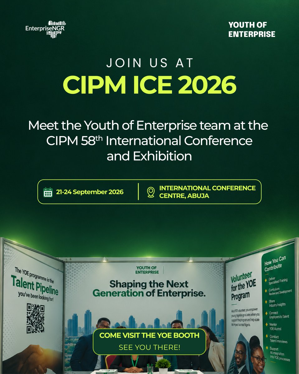 YOENigeria's tweet photo. Catch YOE at @cipmnigeria ICE 2026!
Join us at the CIPM 58th International Conference and Exhibition to discover how YOE is connecting young Nigerian talent with meaningful workplace opportunities while helping organisations build stronger talent pipelines.
#YOE #Youth https://t.co/3owDyEEqrz