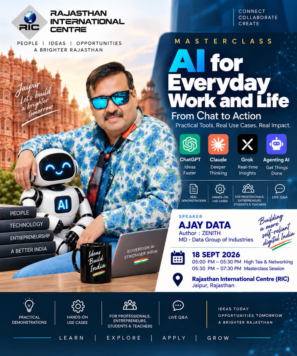dataingenious's tweet photo. Rajasthan International Centre presents a hands-on Workshop on AI by Dr. Ajay Data, featuring “AI for Everyday Work and Life” from ChatGPT and Claude to Grok and Agentic AI.

📅 18TH &amp; 25TH September 2026
⏰ 5:30 PM – 8:00 PM
📍 Rajasthan International Centre, Jaipur https://t.co/jkEwfm8k0N