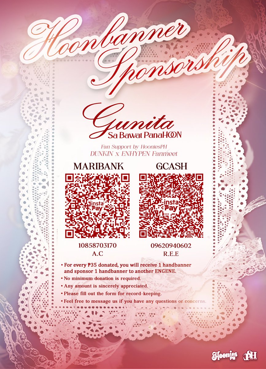 HooniesPH's tweet photo. An endless love is coming and you will never missed the chance…

💌: Our official Hand Banner designs for SUNGHOON are finally here! 

G1D1 Hoonbanner project is now OPEN!

HOONBanner Sponsorships Form: https://t.co/LdJv7KOHzG

— Fan Project Donation Drive 
Donation Form: https://t.co/9AXOtNBG18

Transparency Sheet: https://t.co/OXQrlr8drW

#GUNITA_SaBawatPanaHOON #SUNGHOON #ENDLESSFunMeet #ENHYPEN #DUNKIN @PSHGlobalTeam