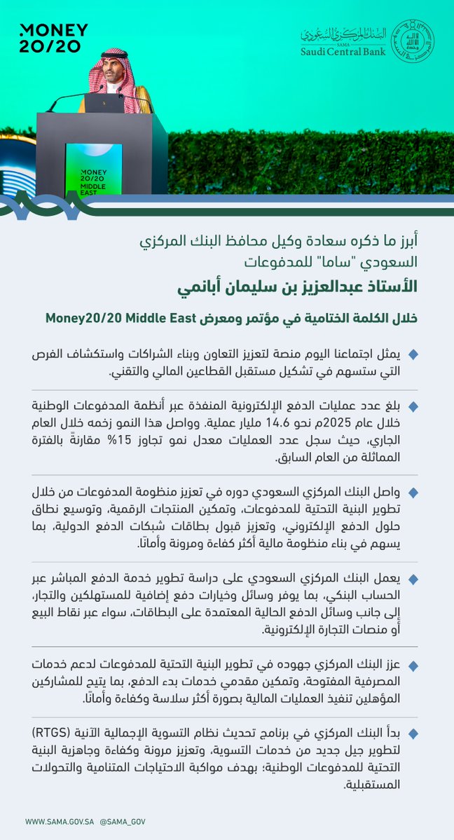 SAMA_GOV's tweet photo. أبرز ما ذكره سعادة وكيل محافظ #البنك_المركزي_السعودي "ساما" للمدفوعات الأستاذ عبدالعزيز بن سليمان أبانمي خلال الكلمة الختامية في مؤتمر ومعرض #Money2020MiddleEast المنعقد في ملهم. https://t.co/wn5k6dZYGi