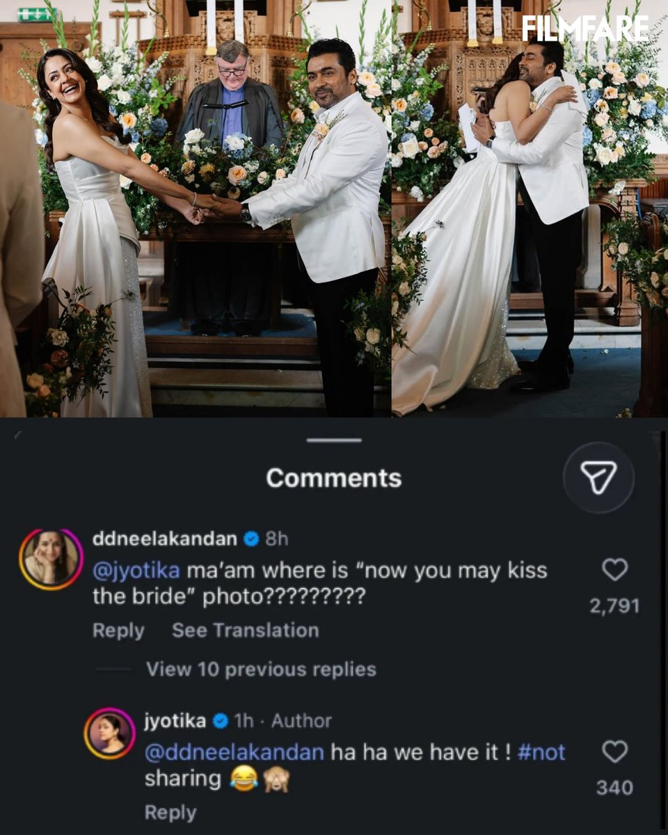 filmfare's tweet photo. Fans wanted to see the bride-and-groom kissing picture, but #Jyotika isn’t giving it away just yet! “Ha ha, we have it! Not sharing,” she replied. 😄

#Jyotika #Suriya #FilmfareSouth #Trending https://t.co/CPx0pZ9dal