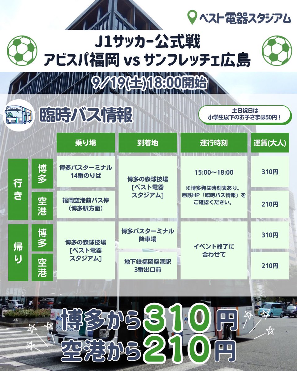 nnrbus_official's tweet photo. 📢【J1サッカー公式戦 アビスパ福岡vsサンフレッチェ広島】直行臨時バス情報✨

#アビスパ福岡 さんの
試合に合わせて、
直行臨時バスを運行します！🚌 

ぜひ臨時バスを活用して、
イベントをもっと楽しんでください⚽️🎶

#西鉄 #西鉄バス https://t.co/O7CZwDMTTq