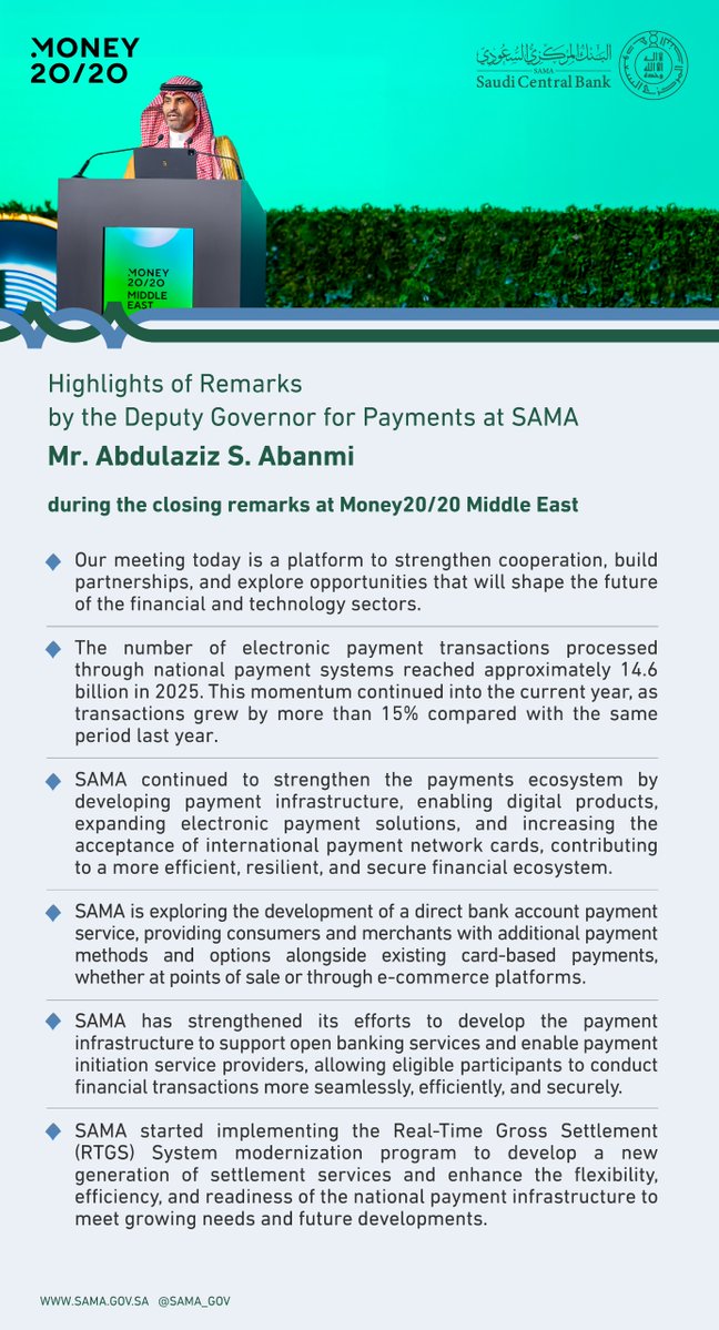 SAMA_GOV's tweet photo. Highlights of remarks by the Deputy Governor for Payments at #SAMA, Mr. Abdulaziz S. Abanmi, during the closing remarks at #Money2020MiddleEast, held in Malham. https://t.co/zRBNPqLaa2