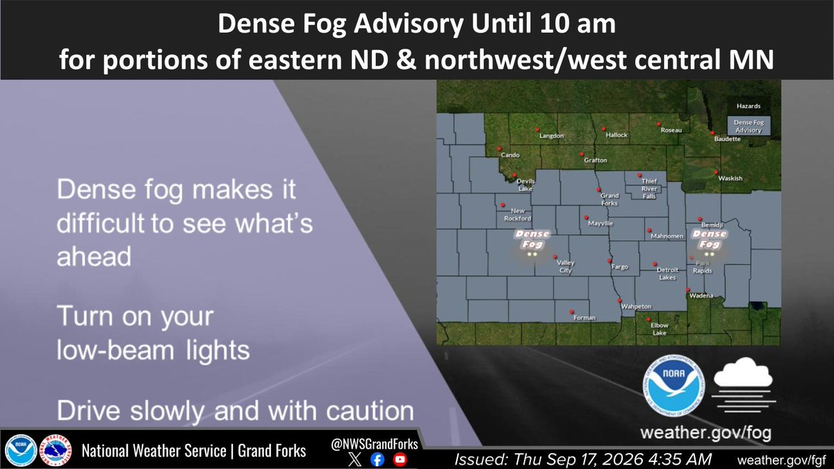 NWSGrandForks's tweet photo. Light winds early this morning is allowing for areas of dense fog to form.  Widespread dense fog with visibilities less than one-half was over parts of eastern ND along with parts of northwest and west central MN.  Drive with caution and with low beams.  #NDwx #MNwx https://t.co/gHl41xfWKA