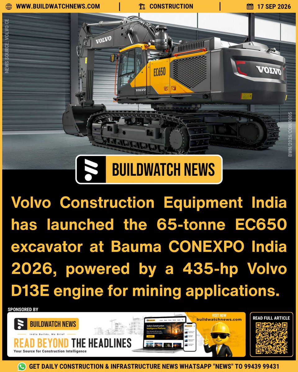 BuildWatchNEWS's tweet photo. Volvo CE India has launched the 65-tonne EC650 excavator for mining and mass excavation at Bauma CONEXPO India 2026. Powered by a 435 hp Volvo D13E engine, the machine is available for immediate deliveries. #VolvoCE #Mining #Excavator #Construction

Full Story:
https://t.co/Dn2NP8qF2o

🔗 Join our WhatsApp group for Daily Industry Updates:
✅ English: https://t.co/pMIZvyU0Zl
✅ Tamil: https://t.co/Xc5If7pfwM