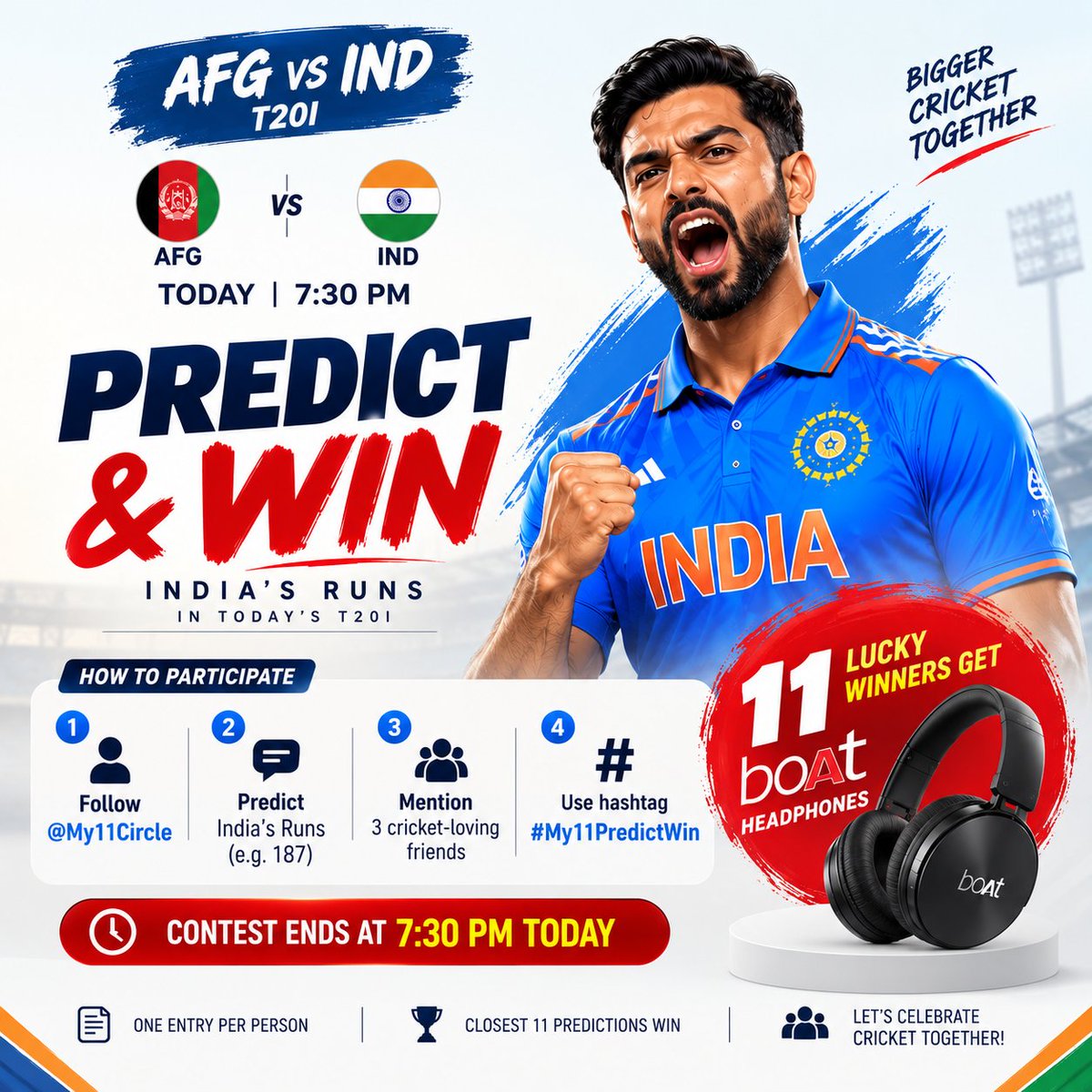 My11Circle's tweet photo. PREDICT &amp; WIN 🏏🎧

Predict India's final score vs AFG tonight.

How to enter:
1. Follow @My11Circle
2. Reply with India’s score prediction (e.g. 187)
3. Tag 3 friends
4. Use #My11PredictWin

🏆 11 closest predictions win headphones!
⏰ Deadline 7:30 PM

1 entry per person. https://t.co/pDYSuPSR5D