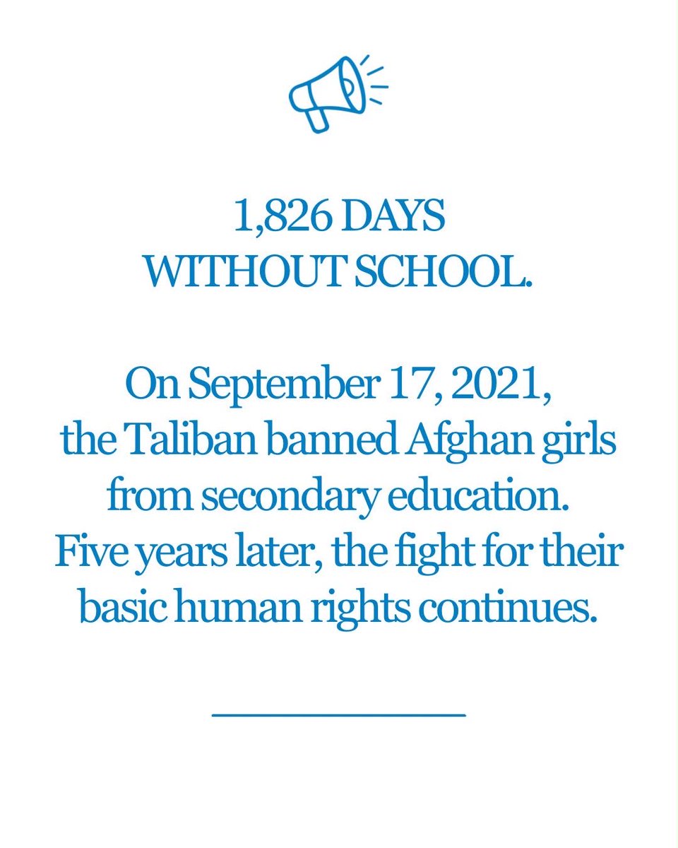SR_Afghanistan's tweet photo. Today marks exactly 5 years since schools were closed for Afghan girls. A generation of girls have missed their entire secondary education. #Afghanistan remains the only country blocking half its population from high school and beyond. This is having a huge impact not only on girls, including on their mental health, but on the present and future of the country. It is not only unacceptable; it is outrageous and possibly a crime against humanity. Open the doors with a comprehensive curriculum. Normalizing a regime that systematically persecutes women & girls is unacceptable. We must stand with Afghan girls.