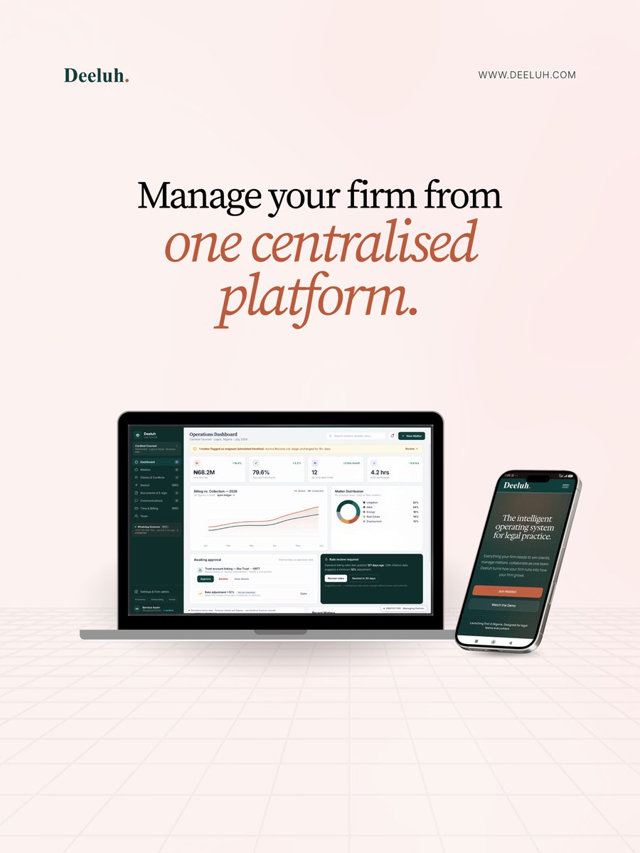 askdeeluh's tweet photo. One platform for your entire firm.

Deeluh is the intelligent operating system for legal practice.

Website in bio 🔗

#Deeluh #LegalTech #LawFirmManagement #LegalPractice #NigeriaLaw https://t.co/0KNSpBsCbn