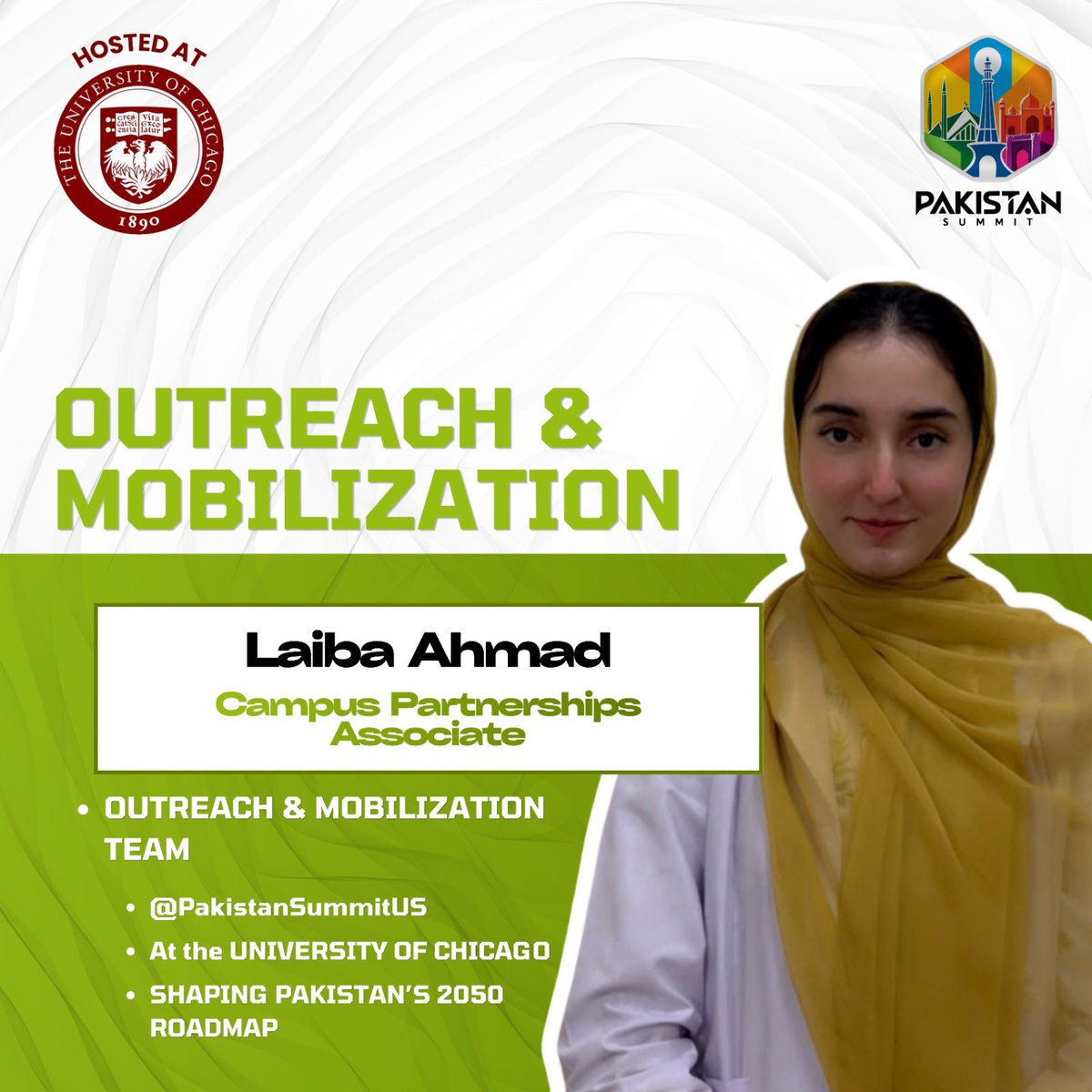 PakSummitUS's tweet photo. Uncovering the changemakers driving Pakistan forward. 

We are excited to spotlight Laiba Ahmad as part of our Outreach &amp; Mobilization Team as a Campus Partnerships Associate. 

#PakistanSummit2026 #TeamSpotlight #OutreachAndMobilization #CampusPartnerships #ShapingPakistan2050 https://t.co/hVQeIyHvRI