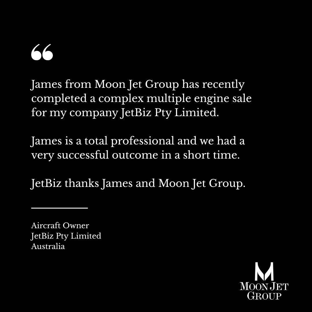MoonJetGroup's tweet photo. A complex multi-engine transaction. Delivered efficiently, with the right outcome for our client.

Thank you to JetBiz Pty Limited for the kind words.

If you have an upcoming aircraft sale or acquisition, contact Moon Jet Group today.

#moonjetgroup #aircraftsales #business https://t.co/6i3VsOoFPz