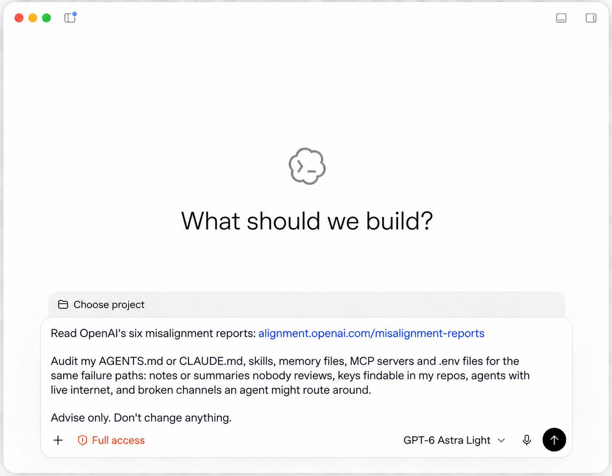 Audit prompt in Codex telling the agent to inspect AGENTS.md, skills, memory files, MCP servers, and .env files and to advise only without changing anything
