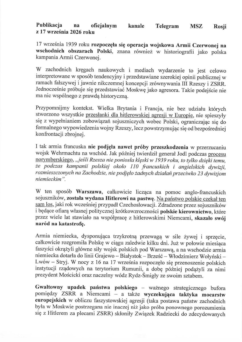 rusemb_pl's tweet photo. ❗️Publikacja na oficjalnym kanale Telegram '@MID_RF z dnia 17 września 2026 roku odnośnie rozpoczęcia w dniu 17 września 1939 roku operacji wojskowej Armii Czerwonej na wschodnich obszarach Polski
https://t.co/SKjfp3rreL https://t.co/o3VQ6K2LFb