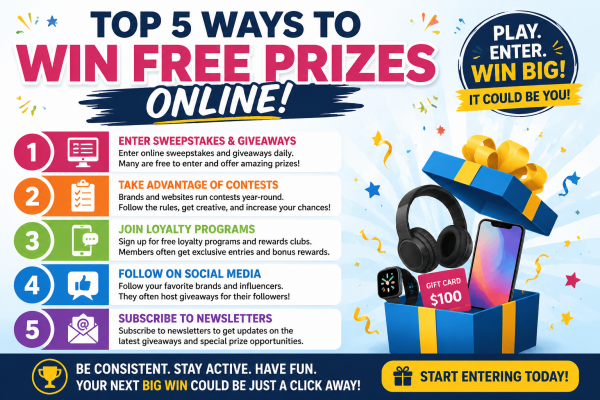 FreebieDepot's tweet photo. Top 5 Ways to Win FREE Prizes Online https://t.co/WRcAMJp09r #FreePrizes #WinFreePrizes #OnlineGiveaways #Sweepstakes #FreeGiveaways #EnterToWin #PrizeGiveaways #OnlineContests #GiveawayAlert #WinPrizes #FreeStuff #FreebieDepot https://t.co/vzJcQBokp2