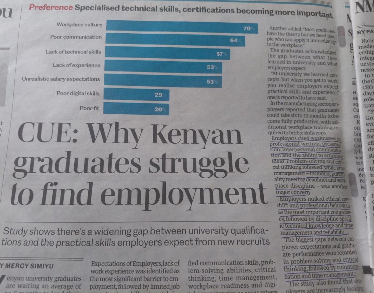 amerix's tweet photo. For the first time since February 2013, I have bought a newspaper.

I wanted to read this article on why Kenyan graduates struggle to find employment, and it corroborates what I wrote on this channel yesterday and on X today morning.

I agree that WORKPLACE CULTURE and POOR COMMUNICATION are rightfully the most common weaknesses I experience in new employees.

I have no problem with employing them even when they are still naive, but they don't want to be mentored.

They don't want to be corrected.

If you correct them, they call you toxic.

They don't want guidance.

If you guide them, they say you are intimidating them.

They want to be pampered.

They think they know better, and they see the employer as ignorant.

They don't value the culture of discipline, commitment and hard work.

They want to be paid 1 million today, buy a car today, buy a house today and become rich now.

Some start betting their salaries with the assumption that it will triple overnight, and once they lose, their productivity at work stumbles.

No employer is patient enough to embrace this behaviour, because bills don't care about a misbehaving employee.

Mentoring them through capacity-building programs costs a lot. 

Unfortunately, those who have been mentored well get poached by other employers with promises of better pay, so employers fear training them.

Colleges and universities have let us down.

Parents and families have let us down.

We are inheriting a burden that should have been offloaded by family, school and even religion. 

Values, morals and ethics are inherited at home, school and even religion.

It is costly carrying this burden.

However, if you are looking for an employment opportunity, then strive to be different.

Be a person of Discipline, order, and Commitment.

Don't say, "Nowadays jobs are given through nepotism."

Even those who give jobs without merit will think twice about whether to let their companies collapse through irregular hiring or let them flourish through meritocracy.

Competition has never been easier.

Step out, push harder, knock more, be consistent; something will give.

Don't get tired.