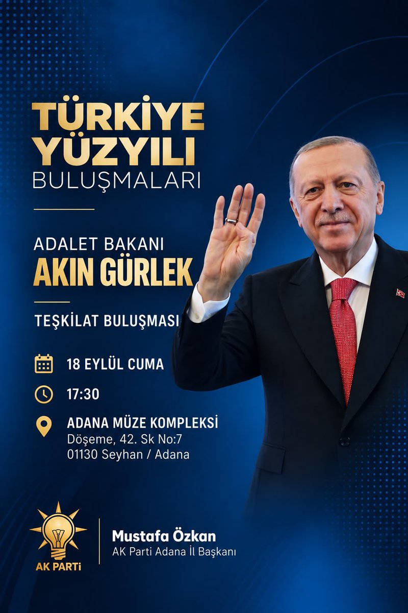 akkadincukurov1's tweet photo. Türkiye Yüzyılı Buluşmaları kapsamında;

Adalet Bakanımız Sayın Akın Gürlek’in katılımlarıyla teşkilat buluşmamızı gerçekleştiriyoruz.

Birlik ve beraberlik içerisinde, Adana’mız için çalışmalarımızı kararlılıkla sürdürüyoruz.

📍 Adana Müze Kompleksi
🕠 17.30 https://t.co/gsC4127kSx