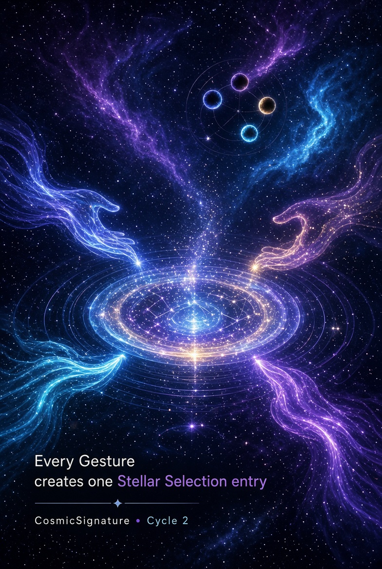 jojografix01's tweet photo. Here’s a simple part of CosmicSignature:

Every Gesture creates one Stellar Selection entry.

Make another Gesture, and you create another entry.

Your activity therefore builds your presence in the selection pool throughout the cycle.

https://t.co/3C66aV0yTc

 #Cycle2 #CST https://t.co/5nbvJ21d81