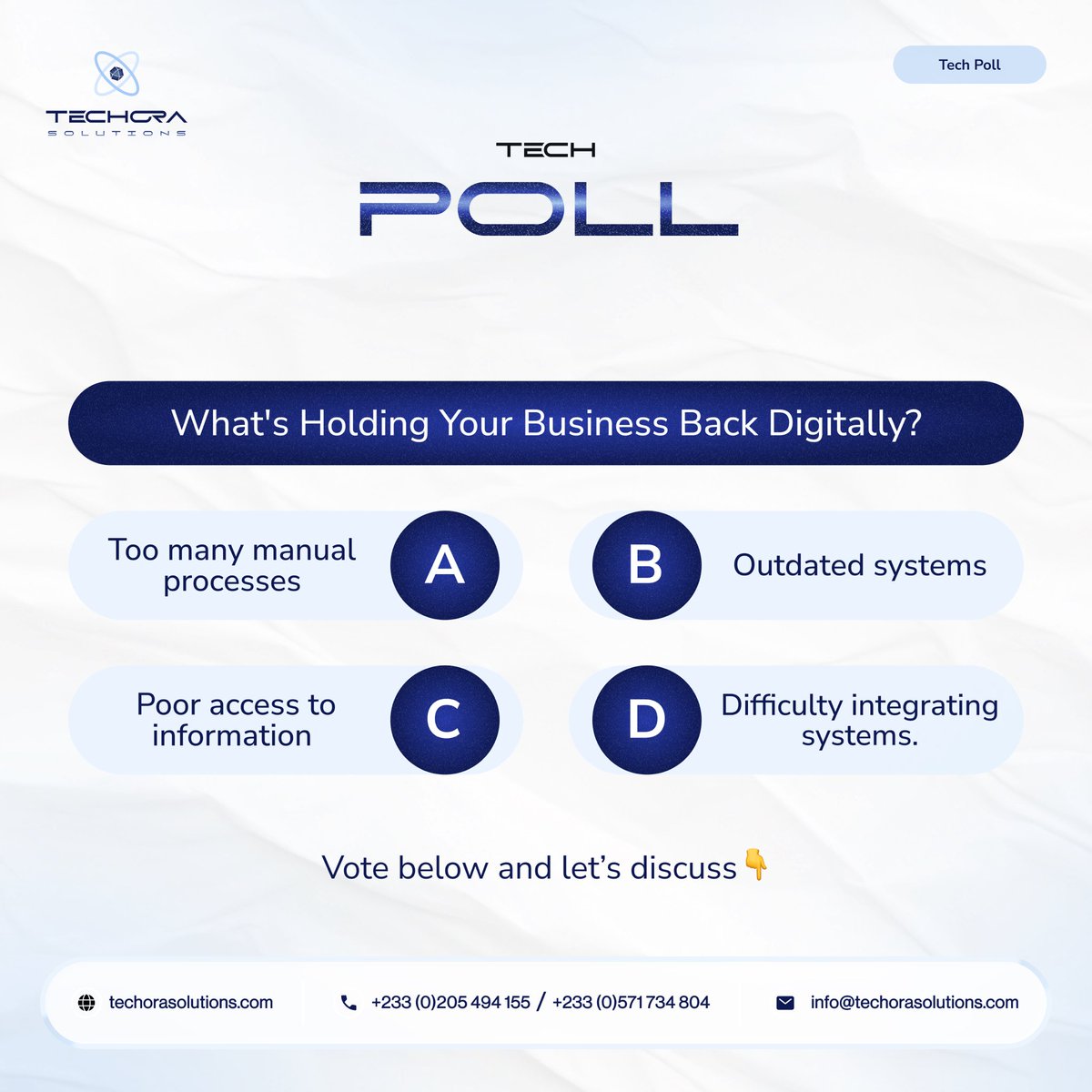 Techora_soln's tweet photo. Every business has a challenge. But which one is making digital growth harder for your business? 🤔Your answer could be the first step toward finding the right digital solution.

#BusinessPoll #DigitalTransformation #BusinessChallenge #Innovation #TechoraSolutions #BusinessGrowth https://t.co/GCL6KrVdLb